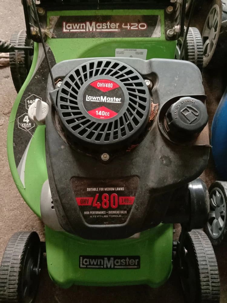 Green Lawnmaster 420 lawnmower with a 140cc OHV engine, from above