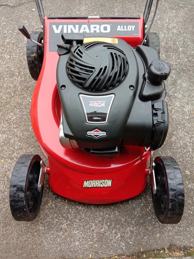 Red Morrison Vinaro Alloy lawnmower with a Briggs & Stratton engine, from above