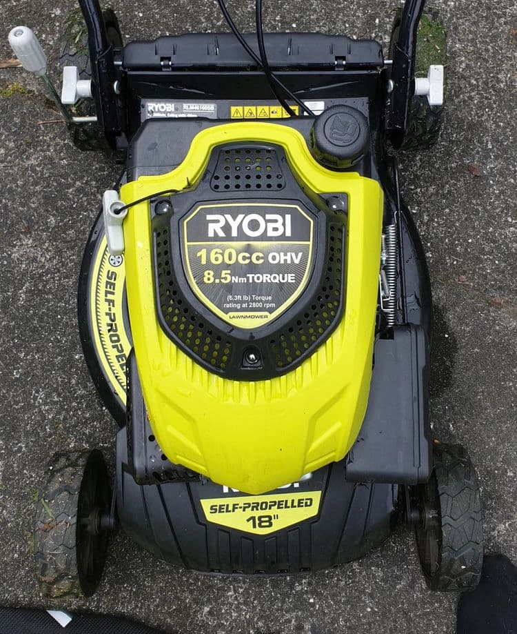 Ryobi 18 inch self-propelled lawnmower with a 160cc engine, from above