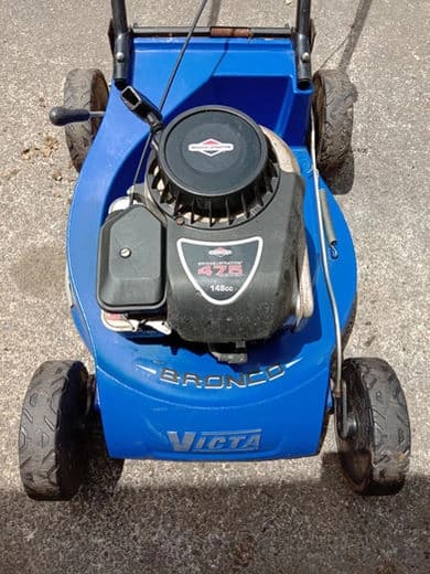 Blue Victa Bronco lawnmower with a Briggs & Stratton engine, from above