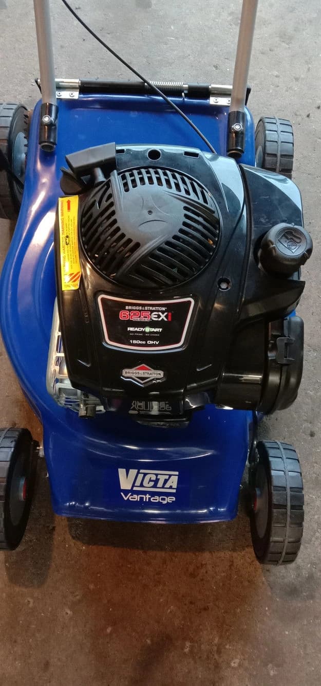 Blue Victa Vantage lawnmower with a Briggs & Stratton engine, from above